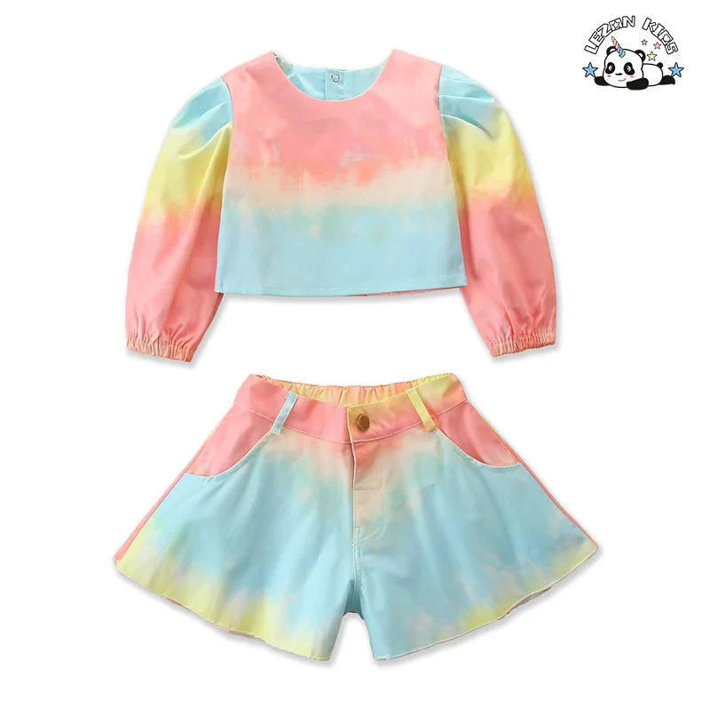 LEZONKIDS - Customized Girl's Clothing Rainbow Color Long Lantern Sleeve Short Girls Clothing Sets OEM ODM Factory